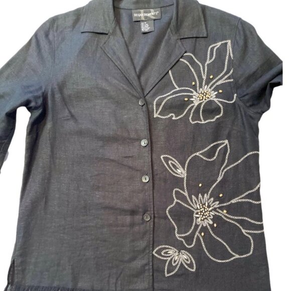REQUIREMENTS Women's Linen Blend Black Beaded Button Blouse Medium Embroidery - Picture 4 of 13